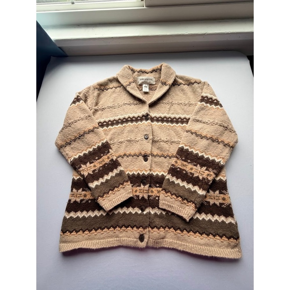 Jones New York Sport Women Brown Fair Isle Shawl Collar Button Cardigan Size M